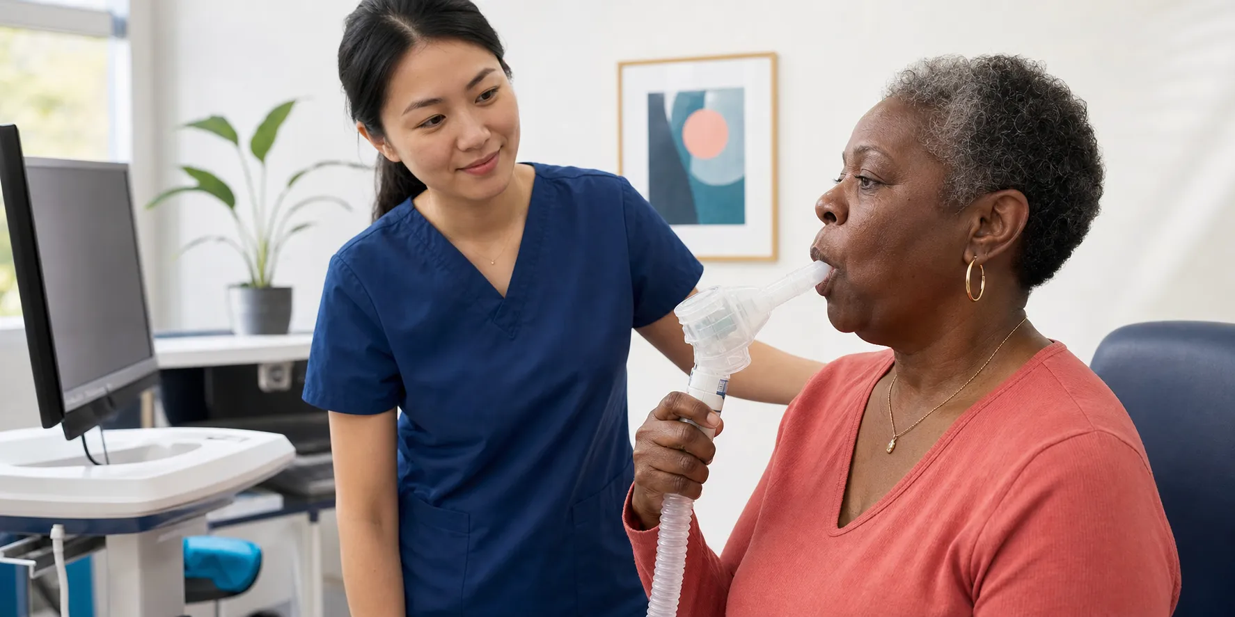 A respiratory therapist guiding a patient through a breathing test